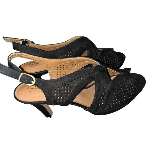 Clarks Artisan‎ Wessex Shay Pump Black Suede Laser Cut Peep Toe Heel Womens 7 - Picture 3 of 9